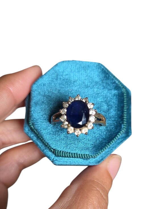 Jewelry - Vintage Size 11 Gold Toned Ring with Deep Blue Oval Center and CZ Halo